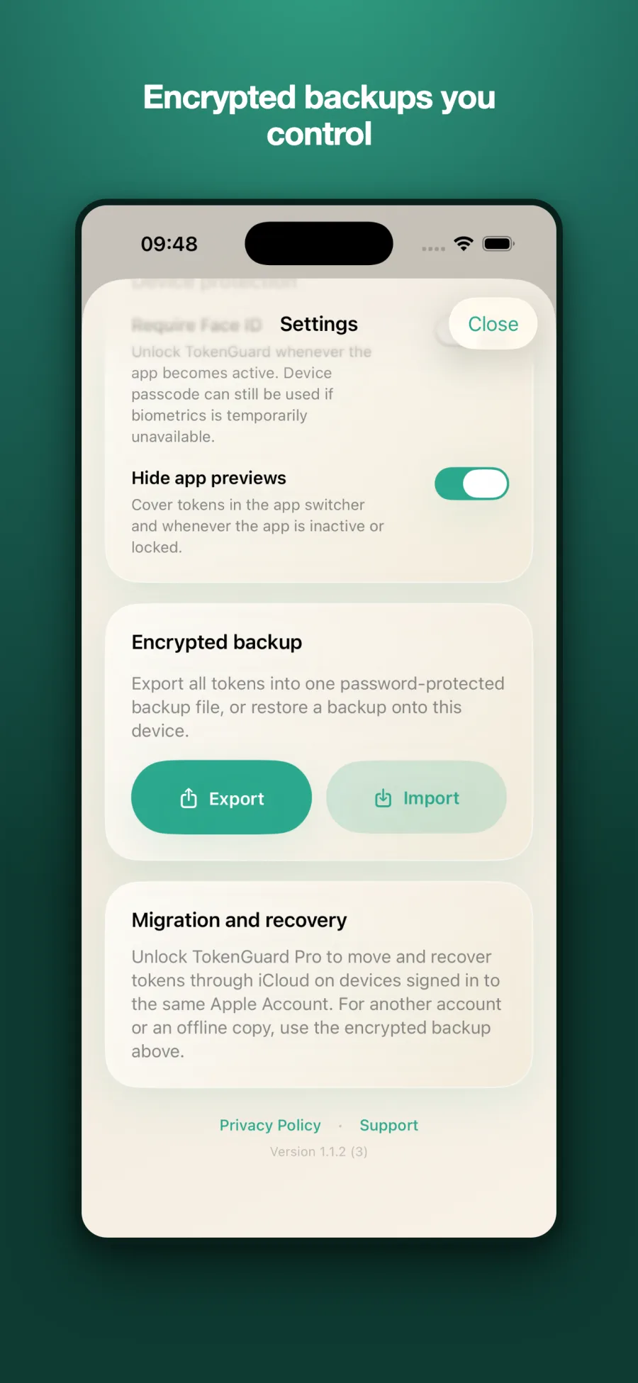 TokenGuard settings showing Face ID requirement, hidden app previews, and encrypted backup export and import
