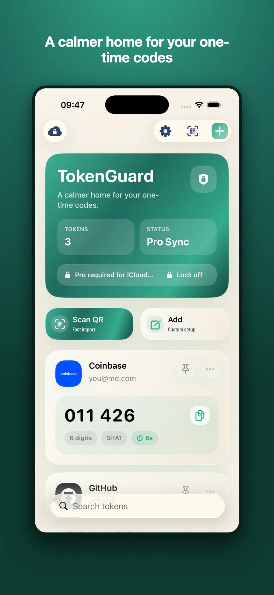 TokenGuard home screen on iPhone showing a one-time code with a refresh countdown