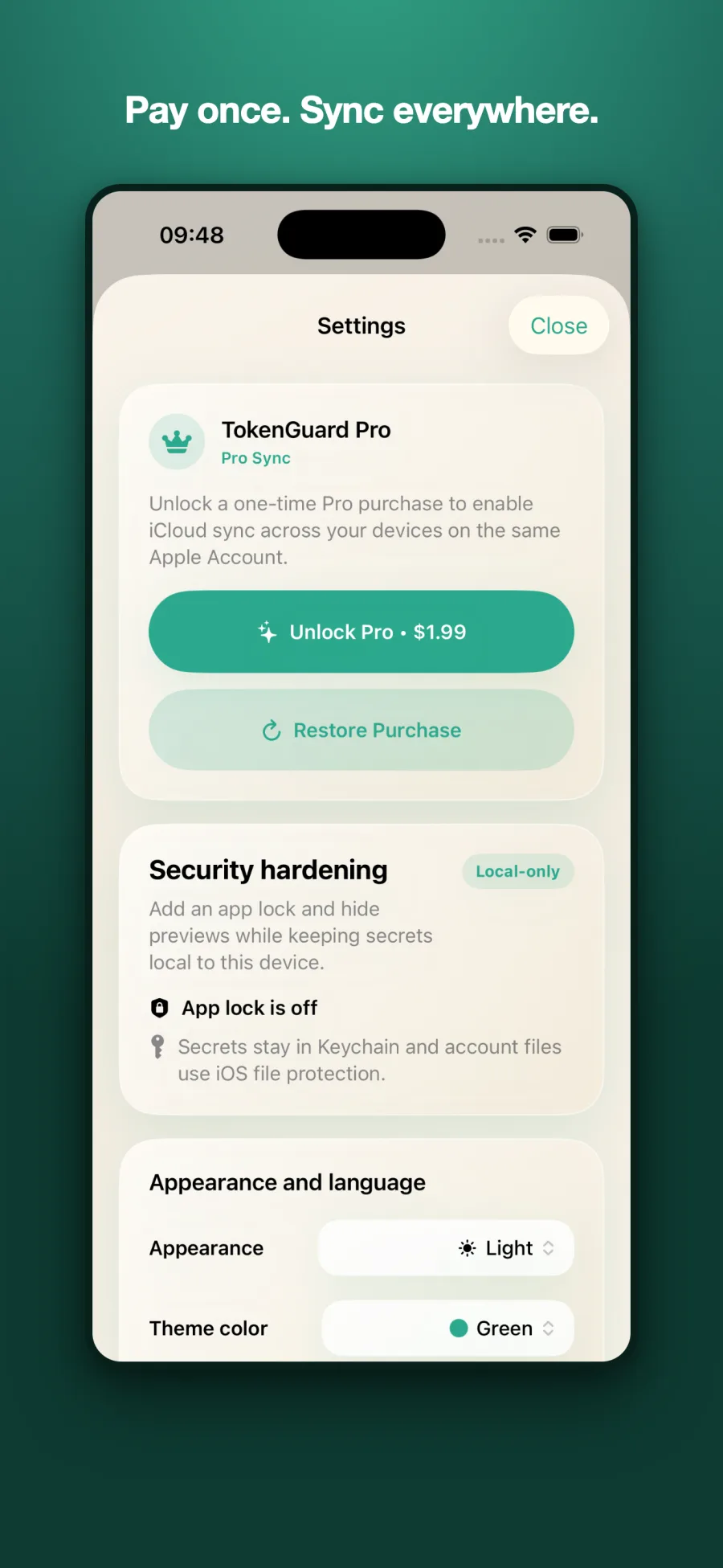 TokenGuard Pro settings with a one-time purchase that unlocks iCloud sync