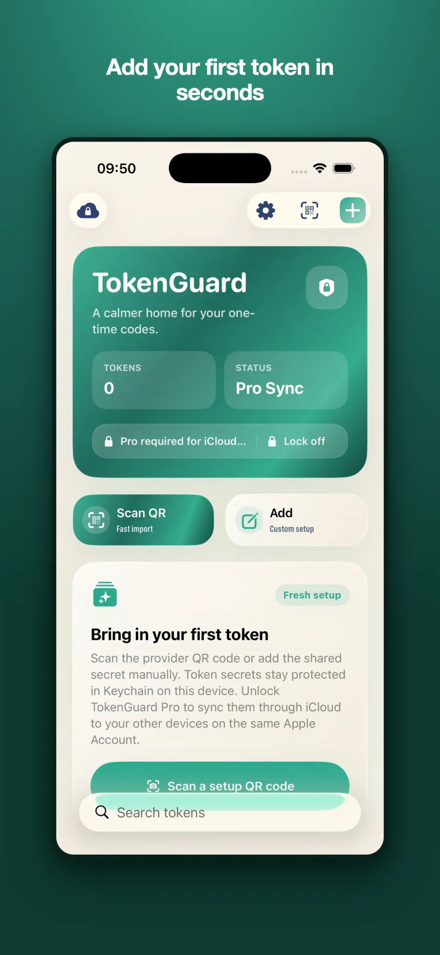 TokenGuard home screen with Scan QR and Add actions ready for the first token
