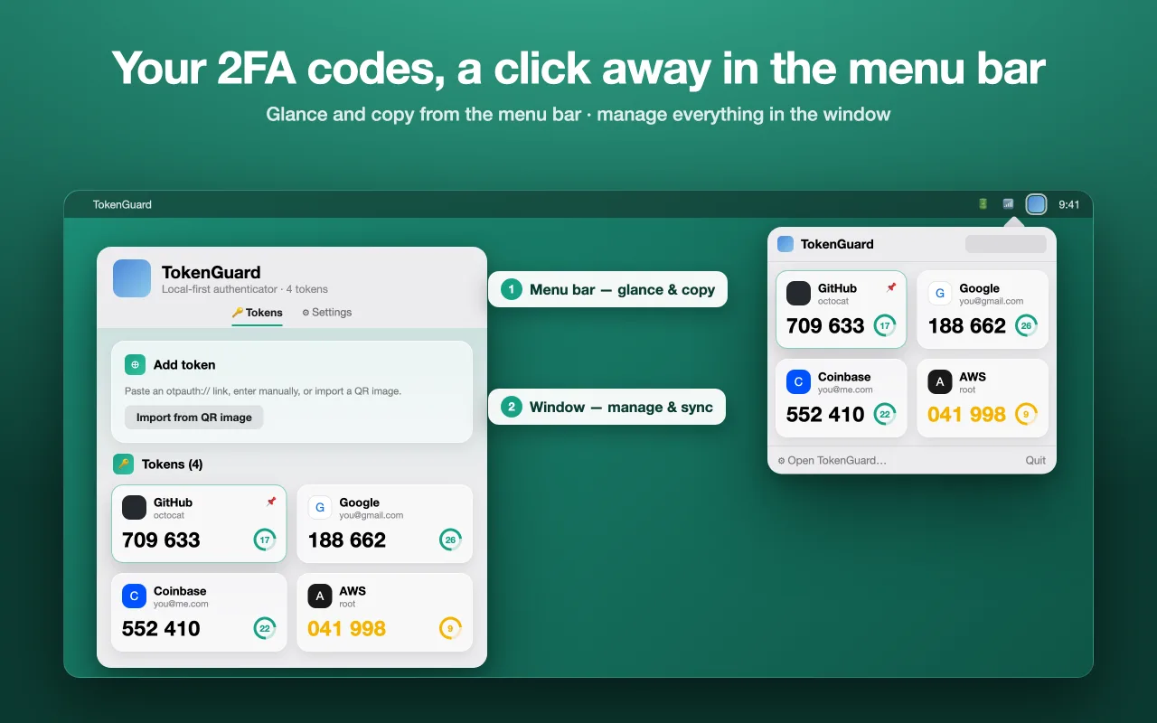 TokenGuard on Mac — menu-bar dropdown and management window