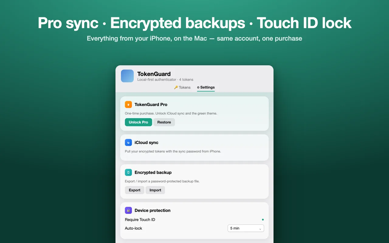Pro, sync, backup and Touch ID lock settings